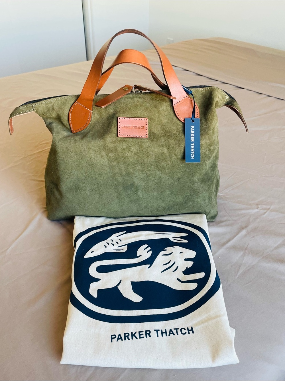 Parker Thatch Brand New Charlie Suede Olive Colored Satchel Bag